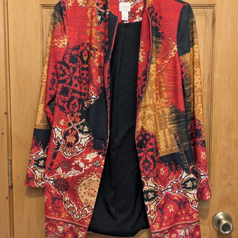 Chico's Printed Statement Jacket Sz 0 Small Blazer Black Red Art to Wear Asian - Picture 8 of 13